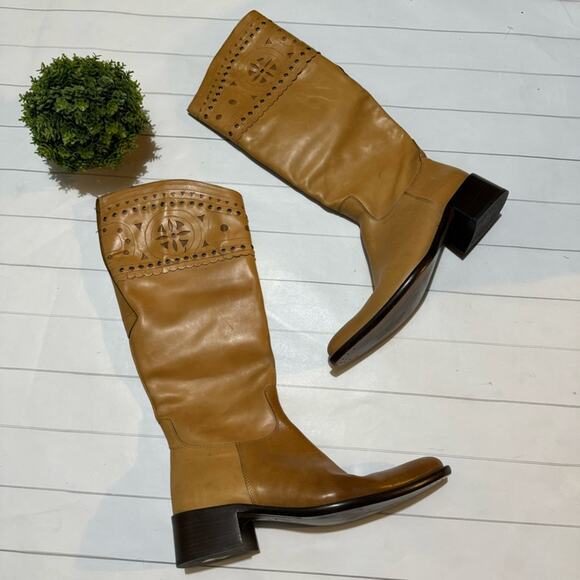 Alto Gradimento Tan Brown Leather Western Boho Knee High Boots Size 9.5 - Picture 1 of 8